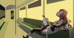 Rule 34 | 1girl, absurdres, alternate costume, ankle boots, bare shoulders, boots, closed mouth, earrings, frills, hair between eyes, highres, holding, horns, jewelry, knee up, leaning back, lying, nail polish, on back, pointy ears, red hair, sitting, solo, sunset, train interior
