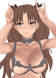 1girl absurdres blue_eyes blush breasts brown_hair collarbone earrings fate/stay_night fate_(series) hands_up highres jewelry large_breasts lips long_hair looking_to_the_side luslov parted_bangs solo tohsaka_rin twintails upper_body white_background