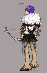 Rule 34 | 1boy, back, black footwear, bow (weapon), brown horns, brown pants, chain, closed mouth, commentary request, expressionless, from behind, full body, fur collar, grey background, hair between eyes, holding, holding bow (weapon), holding weapon, horns, kusabi (aighe), long bangs, looking afar, male focus, pants, purple hair, ragnarok online, shadow chaser (ragnarok online), sheath, shoes, short hair, shrug (clothing), simple background, solo, standing, waist cape, weapon