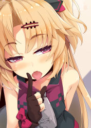 Rule 34 | 1girl, akatsuki uni, bare shoulders, black dress, blonde hair, bow, brown gloves, dress, fangs, gloves, hair ornament, hairclip, half-closed eyes, highres, index finger raised, long hair, looking at viewer, ogami kazuki, one side up, open mouth, parted bangs, partially fingerless gloves, red bow, red eyes, sleeveless, sleeveless dress, solo, tongue, tongue out, uni create, upper body, virtual youtuber
