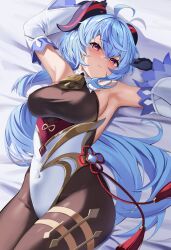 Rule 34 | 1girl, absurdres, ahoge, armpits, arms up, bare shoulders, bell, black gloves, blue hair, blush, bodystocking, breasts, covered navel, detached sleeves, ganyu (genshin impact), genshin impact, gloves, goat horns, gold trim, gradient eyes, highres, horns, long hair, looking at viewer, lying, medium breasts, multicolored eyes, nacho (nacho 1103), neck bell, on bed, purple eyes, sidelocks, solo, white sleeves