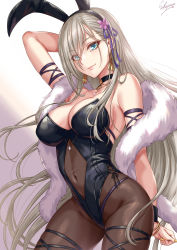 Rule 34 | 1girl, animal ears, aqua eyes, arm strap, arm up, bare shoulders, black bodysuit, black choker, black hairband, black leotard, bodysuit, bracelet, breasts, choker, cleavage, closed mouth, commentary request, covered navel, earrings, fake animal ears, feather boa, grey hair, hairband, highres, jewelry, large breasts, leotard, long hair, looking at viewer, original, playboy bunny, rabbit ears, sakiyamama, signature, smile, solo, thighs