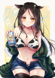 Rule 34 | 1girl, animal ears, animal print, bare shoulders, bikini, black hair, black thighhighs, breasts, brown eyes, can, closed mouth, clothes down, collarbone, cow ears, cow horns, cow print, denim, denim shorts, drink, fur trim, green jacket, highres, holding, holding can, horns, jacket, kusada souta, large breasts, long hair, milk, navel, no shirt, open fly, original, shadow, shorts, simple background, sitting, smile, solo, swimsuit, thighhighs, unworn jacket, virtual youtuber