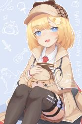 Rule 34 | 1girl, :d, absurdres, animal, blonde hair, blue eyes, blush, bubba (watson amelia), coat, collared shirt, commentary, dog, english commentary, grey thighhighs, grimace (mcdonald&#039;s), hair ornament, happy birthday, hat, highres, holding, holding animal, holding dog, hololive, hololive english, klaius, long sleeves, looking at viewer, medium hair, meme, necktie, open mouth, pleated skirt, red necktie, shirt, sitting, skirt, smile, smol ame, solo, syringe, teeth, thigh strap, thighhighs, upper teeth only, virtual youtuber, watson amelia, watson amelia (1st costume), white shirt, wing collar, yellow coat, yellow skirt