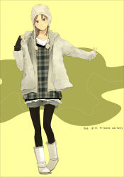 Rule 34 | 1girl, beanie, black pantyhose, boots, brown eyes, brown hair, coat, english text, fingerless gloves, full body, gloves, hat, layered clothes, original, pantyhose, pantyhose under shorts, plaid, plaid shirt, pom pom (clothes), shirt, shorts, solo, standing, white hat, yellow background, yoshito