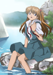 Rule 34 | 1girl, :o, blue eyes, breasts, brown hair, collared shirt, day, from side, hair ornament, hand on own chest, light rays, long hair, looking at viewer, lowres, midori (searchlight), moss, mountain, nature, neck ribbon, neon genesis evangelion, open mouth, outdoors, pleated skirt, red hair, ribbon, rock, school uniform, serafuku, shirt, short sleeves, sitting, skirt, sky, small breasts, soaking feet, solo, souryuu asuka langley, sunbeam, sunlight, suspender skirt, suspenders, twintails, two side up, untied, watch, water, watermark, web address, wristwatch
