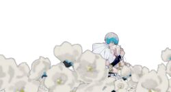 Rule 34 | 1girl, blue hair, blurry, blurry foreground, cape, capelet, chamwa, commentary, elf, english commentary, flower, frieren, hand on another&#039;s back, hand on another&#039;s head, highres, himmel (sousou no frieren), hug, long sleeves, pointy ears, simple background, sousou no frieren, twintails, white background, white cape, white capelet, white flower, white hair