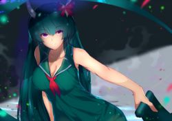 Rule 34 | 1girl, bare arms, breasts, cleavage, dress, ex-keine, green dress, green hair, holding, horn ornament, horn ribbon, horns, kameponde, kamishirasawa keine, large breasts, long hair, looking at viewer, outdoors, red ribbon, ribbon, scroll, sleeveless, sleeveless dress, smile, solo, touhou, umbrella, very long hair