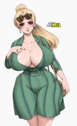 Rule 34 | 1girl, blonde hair, breasts, brown hair, cleavage, covered erect nipples, dutch angle, earrings, facial mark, forehead mark, highres, huge breasts, jay-marvel, jewelry, naruto, naruto (series), ring, solo, standing, sunglasses on head, thick thighs, thighs, tsunade (naruto), wide hips