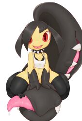 1girl absurdly_long_hair bare_shoulders black_bra black_hair black_skin black_thighhighs bottomless bra breasts collar colored_skin commission convenient_arm creatures_(company) crop_top drooling extra_mouth female_focus game_freak gen_3_pokemon hair_over_one_eye happy high_ponytail living_hair long_hair looking_at_viewer mawaifu mawile multicolored_skin nail_(hardware) navel navel_piercing nintendo piercing pokemon pokemon_(creature) red_eyes saliva sharp_teeth shirt sidelocks simple_background sleeveless sleeveless_shirt small_breasts smile solo spiked_collar spikes spread_legs stomach straddling teeth thighhighs tongue tongue_out tongue_piercing two-tone_skin underwear very_long_hair white_background white_shirt yellow_skin