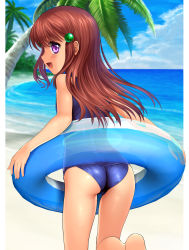 Rule 34 | 1girl, absurdres, ass, beach, brown hair, cloud, from behind, highres, innertube, leg up, long hair, looking back, mutsuki (moonknives), ocean, one-piece swimsuit, open mouth, original, outdoors, pink eyes, running, school swimsuit, sky, smile, solo, swim ring, swimsuit, yui (moonknives)