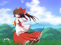 Rule 34 | 1girl, blue sky, bow, brown eyes, brown hair, cloud, cross (crossryou), day, detached sleeves, dress, female focus, forest, gohei, grass, hair bow, hair tubes, hakurei reimu, japanese clothes, miko, mountain, nature, outdoors, plant, ponytail, red dress, sky, solo, touhou, wide sleeves, wind