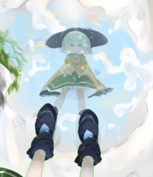 Rule 34 | 1girl, :o, black hat, bloomers, boots, bright pupils, cloud, cloudy sky, commentary request, day, from above, full body, green eyes, green hair, green skirt, hair between eyes, hat, highres, komeiji koishi, long sleeves, looking at viewer, outdoors, pov, puddle, ramochi, reflection, shirt, short hair, skirt, sky, sleeves past fingers, sleeves past wrists, solo, standing, summer, sun, touhou, underwear, white pupils, yellow shirt