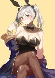 Rule 34 | 1girl, animal ears, armpit crease, artist name, black bow, black bowtie, black leotard, blush, bow, bowtie, breasts, brown pantyhose, chocojax, cleavage, coat, collarbone, commentary, crossed legs, detached collar, english commentary, fake animal ears, feet out of frame, fire emblem, fire emblem heroes, grey eyes, grey hair, hair bow, hairband, hand up, head tilt, highres, large breasts, leotard, long hair, looking at viewer, nintendo, off shoulder, pantyhose, patreon logo, playboy bunny, purple coat, rabbit ears, robin (female) (fire emblem), robin (fire emblem), shiny clothes, shiny skin, sitting, solo, swept bangs, tan background, twintails, twitch logo, twitter logo, wide sleeves