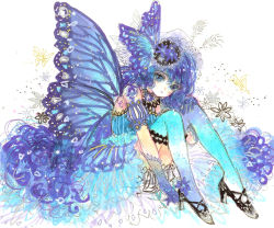 Rule 34 | 1girl, bare shoulders, black footwear, blue dress, blue eyes, blue gloves, blue hair, blue thighhighs, butterfly hair ornament, butterfly wings, detached sleeves, dress, fairy, gloves, hair ornament, hands on own knees, insect wings, looking at viewer, original, simple background, sitting, solo, takanashi tsubasa, thighhighs, wings, zettai ryouiki
