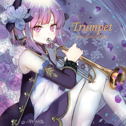 Rule 34 | 1girl, bare shoulders, blush, closed mouth, commentary request, copyright name, detached sleeves, flower, hair flower, hair ornament, holding, holding instrument, instrument, knees up, long sleeves, lunacats, pantyhose, petals, phenom (p&amp;d), pink eyes, pink hair, purple flower, purple rose, purple skirt, purple sleeves, puzzle &amp; dragons, rose, shirt, sitting, skirt, smile, solo, trumpet, white flower, white pantyhose, white rose, white shirt