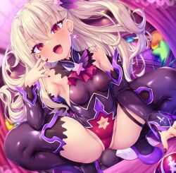 Rule 34 | 1girl, ascot, bare shoulders, black footwear, black leotard, black thighhighs, blush, boots, breasts, clothing cutout, covered erect nipples, detached sleeves, dutch angle, earrings, fate/grand order, fate/kaleid liner prisma illya, fate (series), hair between eyes, hair ornament, highres, illyasviel von einzbern, jewelry, leotard, long hair, looking at viewer, nail polish, navel, navel cutout, one side up, open mouth, partially visible vulva, red eyes, red leotard, sidelocks, small breasts, smile, smug, solo, spread legs, squatting, testament (fate), thigh boots, thighhighs, thighhighs under boots, toraishi 666, two-tone leotard, white hair