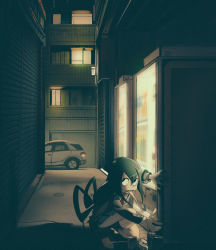 Rule 34 | 10s, 1girl, alley, asui tsuyu, black eyes, boku no hero academia, building, can, car, flats, frog girl, full body, green hair, hair rings, long hair, long tongue, motor vehicle, necktie, night, outdoors, pleated skirt, red necktie, school uniform, skirt, solo, theft, tongue, tongue out, vehicle, vending machine