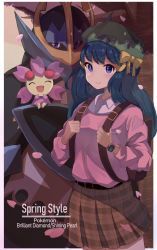 Rule 34 | 1girl, belt, beret, black hair, blouse, blue eyes, border, bow, brown belt, brown skirt, cherrim, closed mouth, collared shirt, commentary request, copyright name, creatures (company), dawn (pokemon), empoleon, eyelashes, falling petals, game freak, gen 4 pokemon, green headwear, hat, hat bow, highres, holding strap, nintendo, petals, pink sweater, plaid, plaid skirt, pokemon, pokemon (creature), pokemon bdsp, shirt, skirt, smile, split mouth, sweater, umiru, white border, white shirt, yellow bow