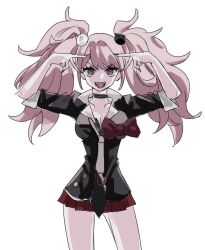 Rule 34 | 1girl, :d, arms up, black choker, black necktie, black shirt, blonde hair, bow, breasts, choker, cleavage, collarbone, cowboy shot, danganronpa: trigger happy havoc, danganronpa (series), enoshima junko, fangs, grey necktie, hoshino ai&#039;s pose, large breasts, long hair, long sleeves, messy hair, miniskirt, nail polish, necktie, open mouth, pink eyes, pose imitation, red bow, red nails, red skirt, shirt, simple background, skirt, smile, solo, tongue, tongue out, twintails, white background, yuju (yuju1ike)