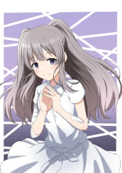 Rule 34 | 1girl, absurdres, bandages, bandaid, bandaid on face, blush, border, bow, breasts, closed mouth, dot nose, dress, gradient background, grey hair, hands up, highres, idolmaster, idolmaster shiny colors, long hair, looking at viewer, medium breasts, outside border, purple background, purple eyes, short sleeves, sidelocks, smile, solo, steepled fingers, tottsuan (tottuan0902), twintails, waist bow, white border, white bow, white dress, yukoku kiriko