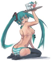 Rule 34 | 1girl, aqua eyes, aqua hair, back, black thighhighs, blush, breasts, butt crack, drink, hatsune miku, martini, necktie, nipples, no shoes, panties, riftgarret, seiza, sitting, solo, striped clothes, striped panties, thighhighs, topless, tray, twintails, underwear, underwear only, vocaloid