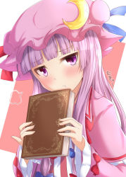Rule 34 | 1girl, :t, blue bow, blunt bangs, blush, book, bow, closed mouth, crescent, crescent pin, eyelashes, frilled sleeves, frills, fume, hat, hat ornament, holding, holding book, jitome, long hair, long sleeves, looking at viewer, low-tied long hair, mob cap, patchouli knowledge, pink eyes, pink hair, pink hat, pinky out, pout, ram hachimin, red bow, robe, solo, touhou, translation request, two-tone background, upper body