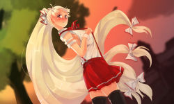 Rule 34 | 1girl, adapted costume, amatou3, ascot, black thighhighs, bow, breasts, fujiwara no mokou, hair bow, hair ribbon, large breasts, long hair, looking at viewer, looking to the side, ponytail, red eyes, red skirt, ribbon, skirt, solo, suspenders, suspenders pull, thighhighs, touhou, tree, tress ribbon, very long hair, white hair