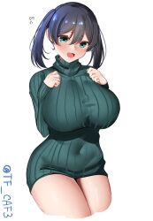 Rule 34 | 1girl, alternate costume, aqua eyes, black hair, blush, breasts, commentary request, cowboy shot, highres, huge breasts, kantai collection, long sleeves, looking at viewer, notice lines, one-hour drawing challenge, ribbed sweater, simple background, smile, solo, souryuu (kancolle), sweater, tf cafe, turtleneck, turtleneck sweater, twitter username, two side up, white background
