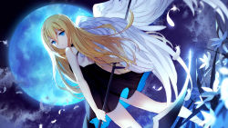 Rule 34 | 10s, 1girl, bison cangshu, black dress, blonde hair, blue eyes, closed mouth, cloud, commentary request, dress, dutch angle, feathered wings, feathers, flower, full moon, hair between eyes, highres, holding, long hair, looking at viewer, looking back, moon, night, night sky, outdoors, rachel gardner, satsuriku no tenshi, short dress, sky, sleeveless, sleeveless dress, solo, standing, very long hair, white feathers, white flower, white wings, wings