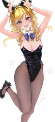 Rule 34 | 1girl, absurdres, alternate costume, animal ears, black leotard, black pantyhose, blonde hair, blue eyes, blue ribbon, blush, breasts, cleavage, covered navel, detached collar, double v, fake animal ears, fujima (k114), groin, high heels, highres, idolmaster, idolmaster cinderella girls, leotard, looking at viewer, medium breasts, neck ribbon, ohtsuki yui, pantyhose, playboy bunny, rabbit ears, ribbon, simple background, smile, solo, standing, standing on one leg, strapless, strapless leotard, teeth, twintails, upper teeth only, v, wavy hair, white background, wrist cuffs