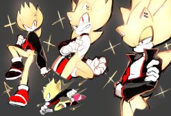 Rule 34 | ear piercing, furry, furry male, gloves, glowing, hedgehog, hedgehog boy, hedgehog ears, hedgehog tail, highres, jacket, piercing, quill, red eyes, shoes, sonic (series), sonic the hedgehog, sparkle, spiked hair, super sonic, usa37107692, yellow fur