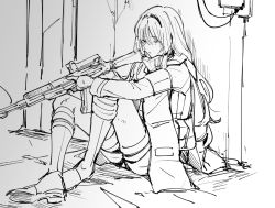 Rule 34 | 1girl, an-94, an-94 (girls&#039; frontline), asawa (dm owr), assault rifle, boots, full body, girls&#039; frontline, greyscale, gun, hairband, holding, holding gun, holding weapon, knees up, long hair, monochrome, one eye closed, rifle, sitting, sketch, solo, weapon