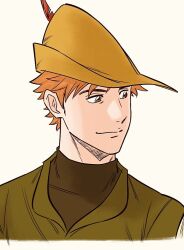 Rule 34 | 1boy, brown eyes, brown hat, brown shirt, cropped shoulders, green tunic, hat, hat feather, humanization, looking to the side, male focus, orange hair, robin hood (disney), robin hood (disney) (character), shirt, short hair, simple background, smile, solo, uochandayo, white background