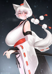 Rule 34 | 1girl, absurdres, animal ear fluff, animal ears, black bridal gauntlets, black shirt, black skirt, blush, breasts, bridal gauntlets, closed mouth, commentary request, cowboy shot, detached sleeves, from side, gradient background, grey background, hat, highres, huge breasts, inubashiri momiji, katana, looking at viewer, looking to the side, medium bangs, pom pom (clothes), red eyes, ribbon-trimmed sleeves, ribbon trim, sheath, sheathed, shirt, short hair, skirt, sleeveless, sleeveless shirt, snowing, solo, split mouth, sword, tail, take (take143000), tokin hat, touhou, twitter username, undershirt, weapon, white hair, white shirt, white sleeves, wolf ears, wolf girl, wolf tail
