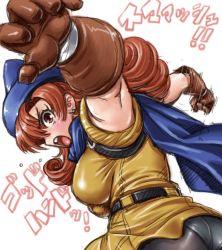 Rule 34 | 1girl, alena (dq4), amania orz, blush, breasts, brown eyes, brown hair, cape, curly hair, dragon quest, dragon quest iv, female focus, hat, long hair, looking at viewer, matching hair/eyes, open mouth, punching, shiny clothes, solo, square enix, text focus, tongue, translation request, white background