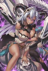 Rule 34 | 1girl, black nails, breast hold, breasts, brooch, cleavage, clenched teeth, commentary, dark-skinned female, dark skin, demon girl, demon horns, detached sleeves, english commentary, eyelashes, fediel (granblue fantasy), feet out of frame, gem, gold trim, granblue fantasy, hair between eyes, hair ornament, horns, huge breasts, hybridmink, jewelry, legs apart, long hair, nail polish, navel, open mouth, patreon username, pink eyes, ring, serious, shadow, silver hair, single thighhigh, solo, teeth, thighhighs, thighs, v-shaped eyebrows, ||/