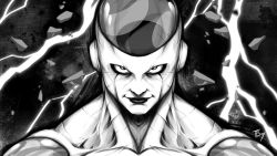 Rule 34 | 1boy, artist name, bald, dragon ball, evil smile, frieza, greyscale, light smile, lightning, lightning bolt symbol, lips, looking at viewer, male focus, md5 mismatch, monochrome, muscular, resized, resolution mismatch, smile, solo, source smaller, tboy58, toned, upper body, upscaled