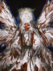 Rule 34 | 1girl, angel wings, angela (project moon), blood, blood on clothes, bloody wings, crown of thorns, dress, e.g.o (project moon), food, fruit, heinrich (fernanderuddle), highres, holding, holding food, holding fruit, library of ruina, long sleeves, multiple wings, project moon, seraph, solo, upper body, white dress, white wings, whitenight (project moon), wide sleeves, wings