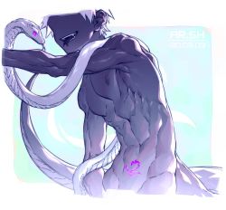 Rule 34 | 1boy, animal, animal around neck, animal on arm, arsh (thestarwish), artist name, backlighting, completely nude, cropped torso, dark-skinned male, dark skin, dated, fang, forked tongue, glowing, male focus, muscular, nipples, no eyes, nude, open mouth, original, outstretched arm, pubic tattoo, rounded corners, smile, snake, snake boy, stomach tattoo, tattoo, tongue, tongue out, white hair, white snake