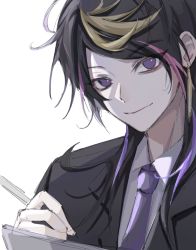 Rule 34 | 1boy, black hair, black jacket, blonde hair, book, closed mouth, collared shirt, commentary request, earrings, easyrider761, formal, highres, holding, holding pen, jacket, jewelry, long hair, looking at viewer, male focus, multicolored hair, necktie, nijisanji, nijisanji en, pen, pink hair, purple eyes, purple hair, purple necktie, shirt, shu yamino, sidelocks, single earring, sketch, smile, solo, streaked hair, suit, swept bangs, upper body, virtual youtuber, white background, white shirt, wing collar