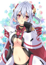 Rule 34 | 1girl, ahoge, black gloves, blush, breasts, center opening, cleavage, cleavage cutout, clothing cutout, edea cluster, floral background, gloves, hair between eyes, hair ornament, hair rings, hexagon, highres, long hair, looking at viewer, matoi (pso2), medium breasts, milkpanda, navel, necktie, phantasy star, phantasy star online 2, red eyes, red necktie, silver hair, solo, twintails, upper body
