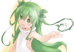 Rule 34 | 1girl, :d, ahoge, backless outfit, baigao, bare arms, chinese commentary, commentary request, eyes visible through hair, flower, green eyes, green hair, hair between eyes, leaf, long hair, looking at viewer, open mouth, original, outstretched arm, simple background, sketch, smile, solo, very long hair