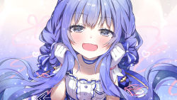 Rule 34 | 1girl, :3, :d, blue bow, blush, bow, character request, choker, collarbone, commentary request, copyright request, dress, flat chest, from above, gradient background, hair bow, half-closed eyes, hand in own hair, heart, highres, holding, holding hair, long hair, looking at viewer, nijisanji, open mouth, pink ribbon, purple eyes, purple hair, ribbon, simple background, smile, solo, syuri22, upper body, virtual youtuber, white dress, wrist cuffs, yuuki chihiro, yuuki chihiro (8th costume)
