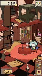 Rule 34 | 1girl, bed, black eyes, black hat, blanket, blue skirt, blush, bookshelf, bow, brown footwear, buttons, candle, candlestand, chair, checkered floor, chibi, chinese commentary, closed mouth, clothes rack, commentary, cup, curtains, cushion, desk lamp, diamond button, e (you33ou), fake screenshot, fire, flower pot, frilled sleeves, frills, green hair, green skirt, hat, hat bow, highres, kaenbyou rin, kaenbyou rin (cat), komeiji koishi, komeiji satori, lamp, long sleeves, looking afar, medium hair, on chair, photo (object), picture frame, pink hair, pink shirt, rug, saucer, shirt, shoes, sitting, skirt, smile, solo, spiral staircase, stairs, steam, table, teacup, third eye, touhou, translated, weibo logo, weibo username, wide shot, wide sleeves, window, yellow bow, yellow shirt