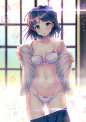 Rule 34 | 1girl, :o, bare shoulders, black hair, blue skirt, bra, breasts, clothes pull, collarbone, commentary request, cowboy shot, gluteal fold, green eyes, groin, highres, idolmaster, idolmaster million live!, idolmaster million live! theater days, looking at viewer, medium breasts, nanao yuriko, navel, open clothes, open shirt, panties, parted lips, short hair, skirt, skirt pull, solo, stomach, thighs, underwear, undressing, vesper (pixiv3568), white bra, white panties