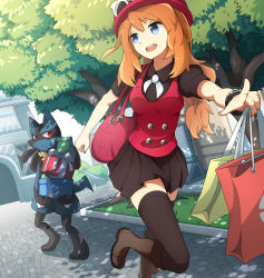Rule 34 | 1girl, :d, bag, black shirt, black skirt, black thighhighs, blue eyes, boots, bracelet, brown footwear, creatures (company), cross-laced footwear, day, game freak, gen 4 pokemon, hat, highres, holding, holding bag, index finger raised, jewelry, kentsdesign, lace-up boots, leg up, long hair, lucario, miniskirt, neck ribbon, nintendo, open mouth, orange hair, outdoors, outstretched arm, pleated skirt, pokemon, pokemon (creature), pokemon xy, ponytail, red hat, ribbon, serena (pokemon), shirt, skirt, smile, thighhighs, tree, white ribbon, zettai ryouiki