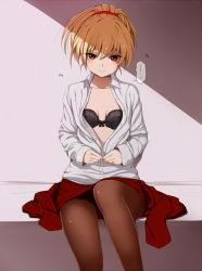 Rule 34 | 1girl, :|, alternate hair length, alternate hairstyle, annoyed, bad id, bad pixiv id, blazer, blonde hair, blush, bow, bow bra, bra, breasts, brown pantyhose, business suit, buttons, closed mouth, unworn clothes, collared shirt, convenient leg, dress shirt, formal, genderswap, genderswap (mtf), hair between eyes, hair tie, high ponytail, hunter x hunter, indoors, jacket, kurapika, lace, lace-trimmed bra, lace trim, lingerie, long hair, long sleeves, looking at viewer, miniskirt, open clothes, open shirt, orange eyes, pantyhose, pencil skirt, ponytail, red eyes, red skirt, shade, shirt, short hair, short ponytail, sitting, skirt, skirt suit, small breasts, solo, speech bubble, suit, unbuttoned, underwear, undressing, white shirt, yukiji tokiji