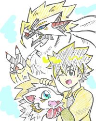Rule 34 | digimon, digimon rearise, fang, herissmon, looking at another, male protagonist (digimon rearise), one eye closed, rasenmon, short hair, smile, v