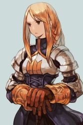 Rule 34 | 1girl, agrias oaks, armor, armored dress, black eyes, blonde hair, blue background, braid, braided ponytail, breastplate, brown gloves, closed mouth, final fantasy, final fantasy tactics, gloves, high-waist skirt, hungry clicker, long hair, looking to the side, own hands together, pauldrons, plate armor, shoulder armor, simple background, single braid, skirt, solo, square enix, standing